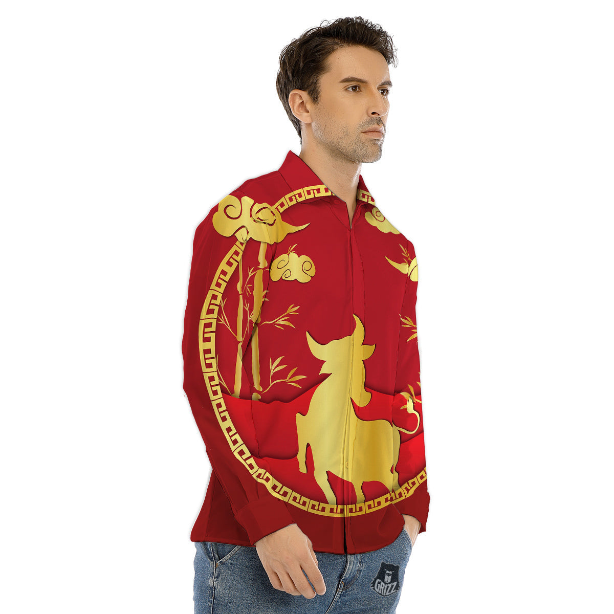 Zodiac Symbol Chinese Ox Print Men's Dress Shirts-grizzshop