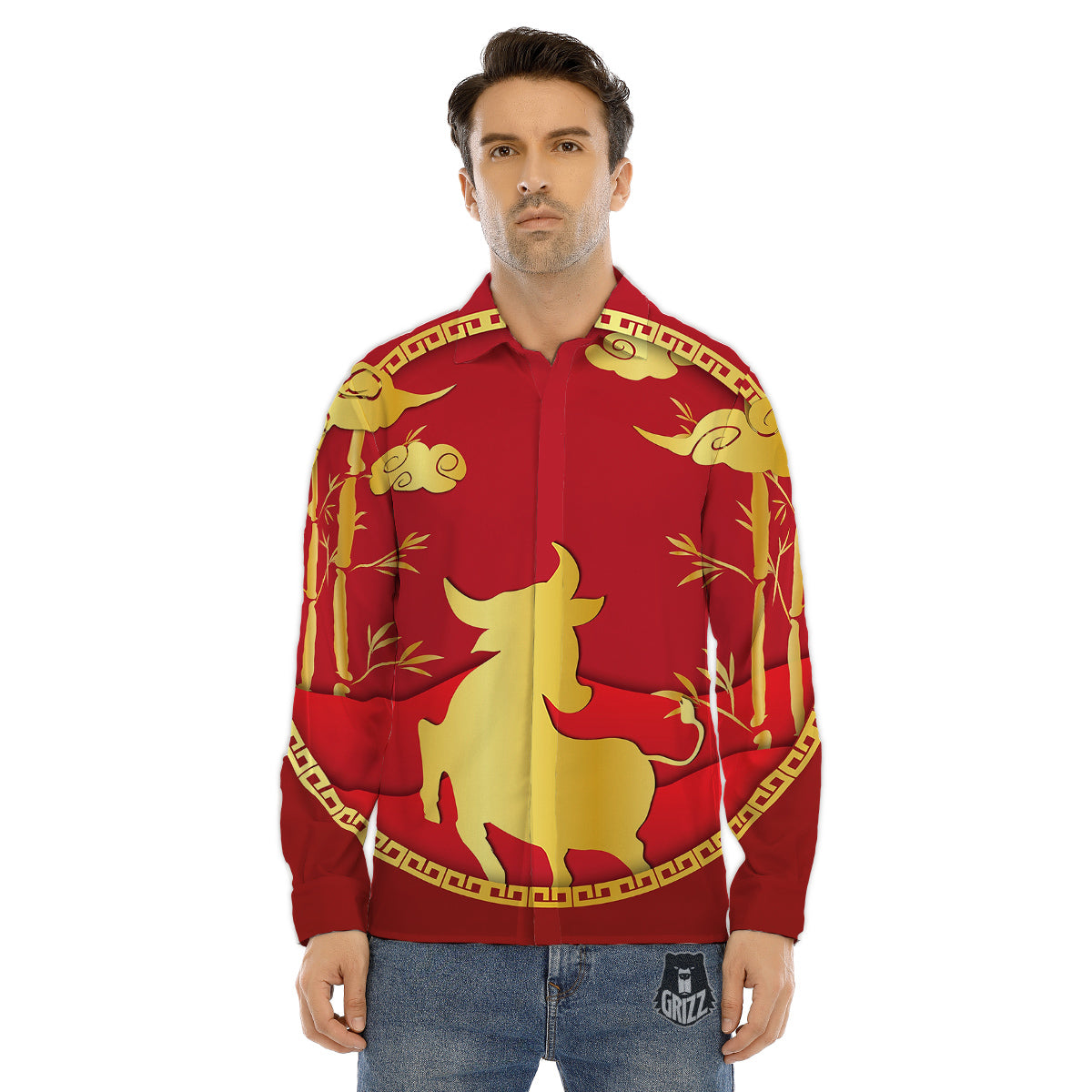 Zodiac Symbol Chinese Ox Print Men's Dress Shirts-grizzshop