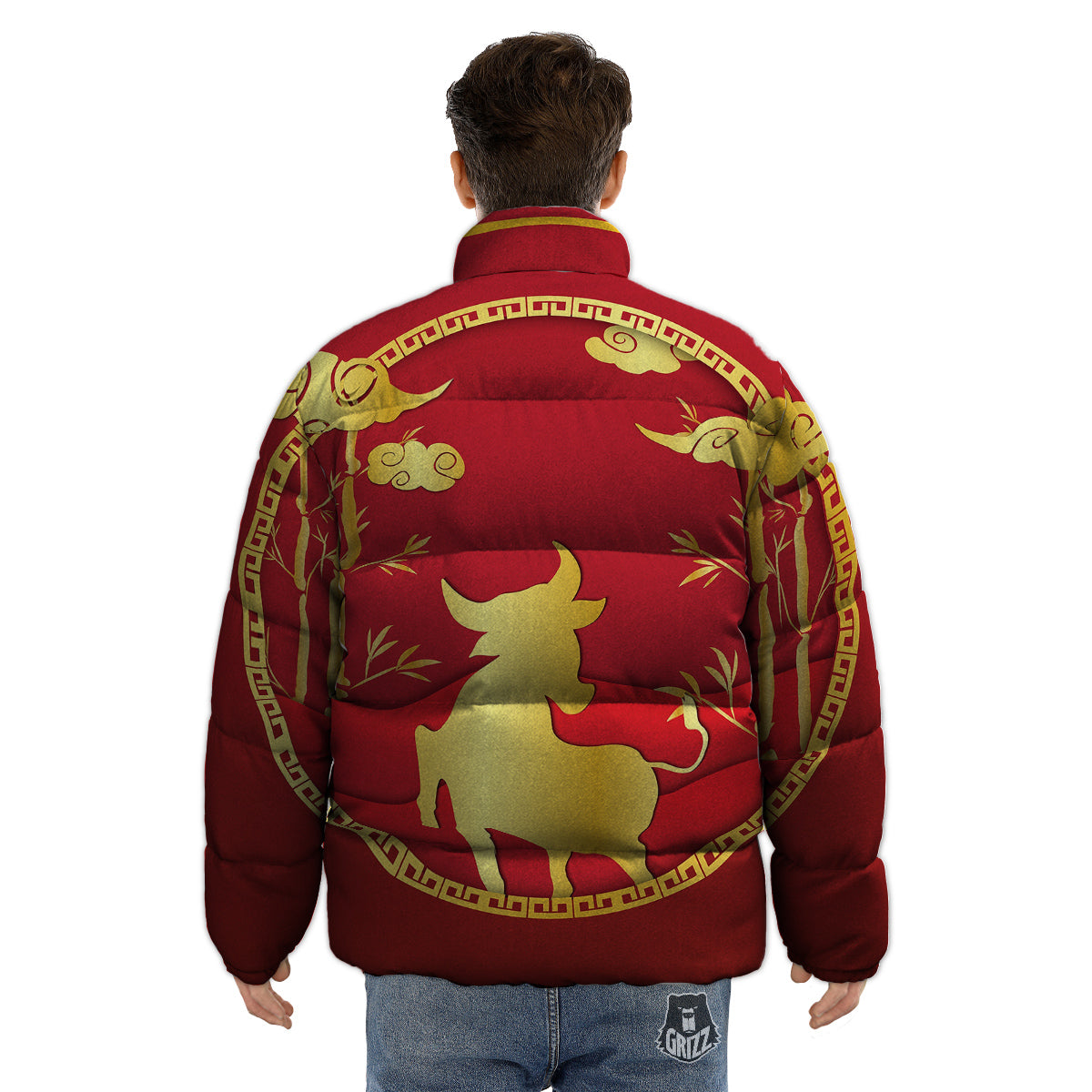 Zodiac Symbol Chinese Ox Print Puffer Jacket-grizzshop