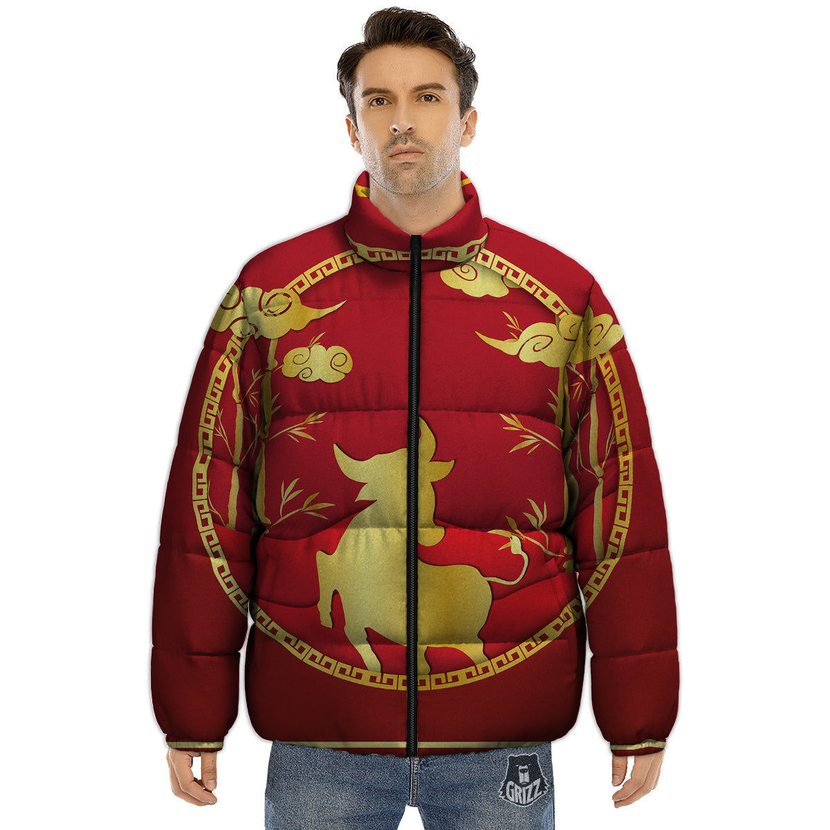 Zodiac Symbol Chinese Ox Print Puffer Jacket-grizzshop