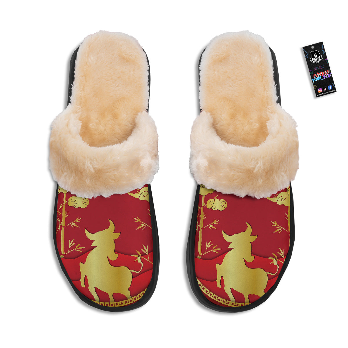 Zodiac Symbol Chinese Ox Print Slippers-grizzshop
