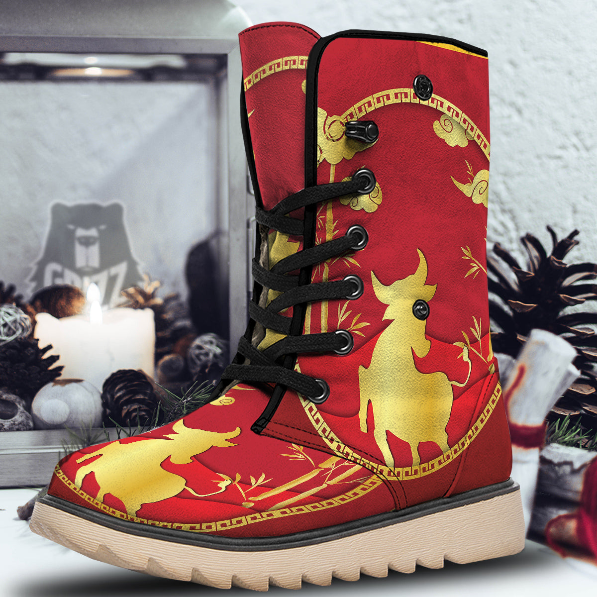 Zodiac Symbol Chinese Ox Print Snow Boots-grizzshop