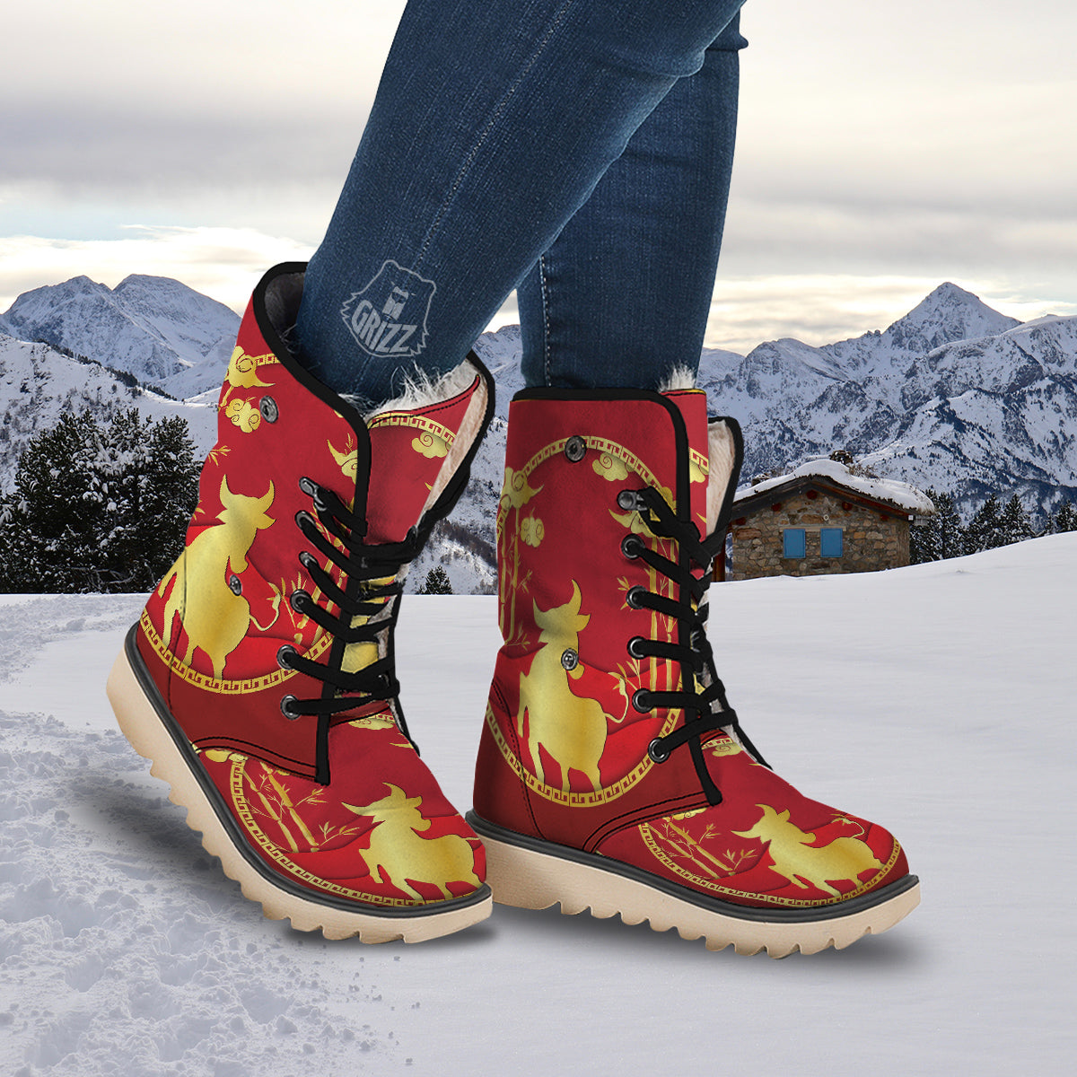 Zodiac Symbol Chinese Ox Print Snow Boots-grizzshop