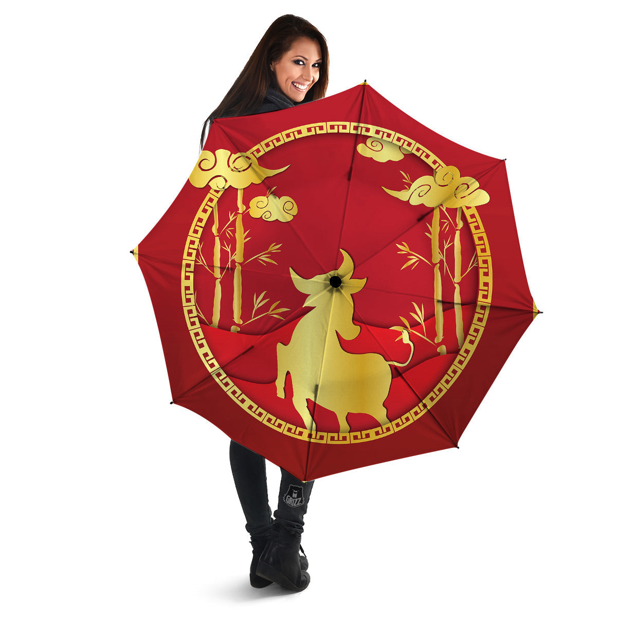 Zodiac Symbol Chinese Ox Print Umbrella-grizzshop