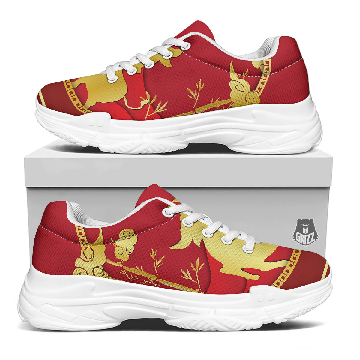 Zodiac Symbol Chinese Ox Print White Chunky Shoes-grizzshop