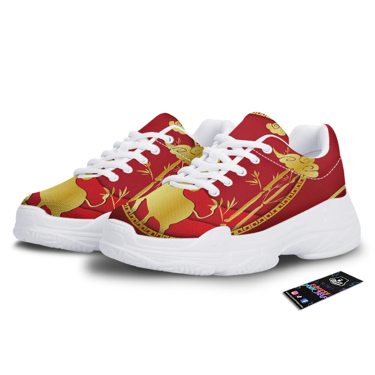 Zodiac Symbol Chinese Ox Print White Chunky Shoes-grizzshop