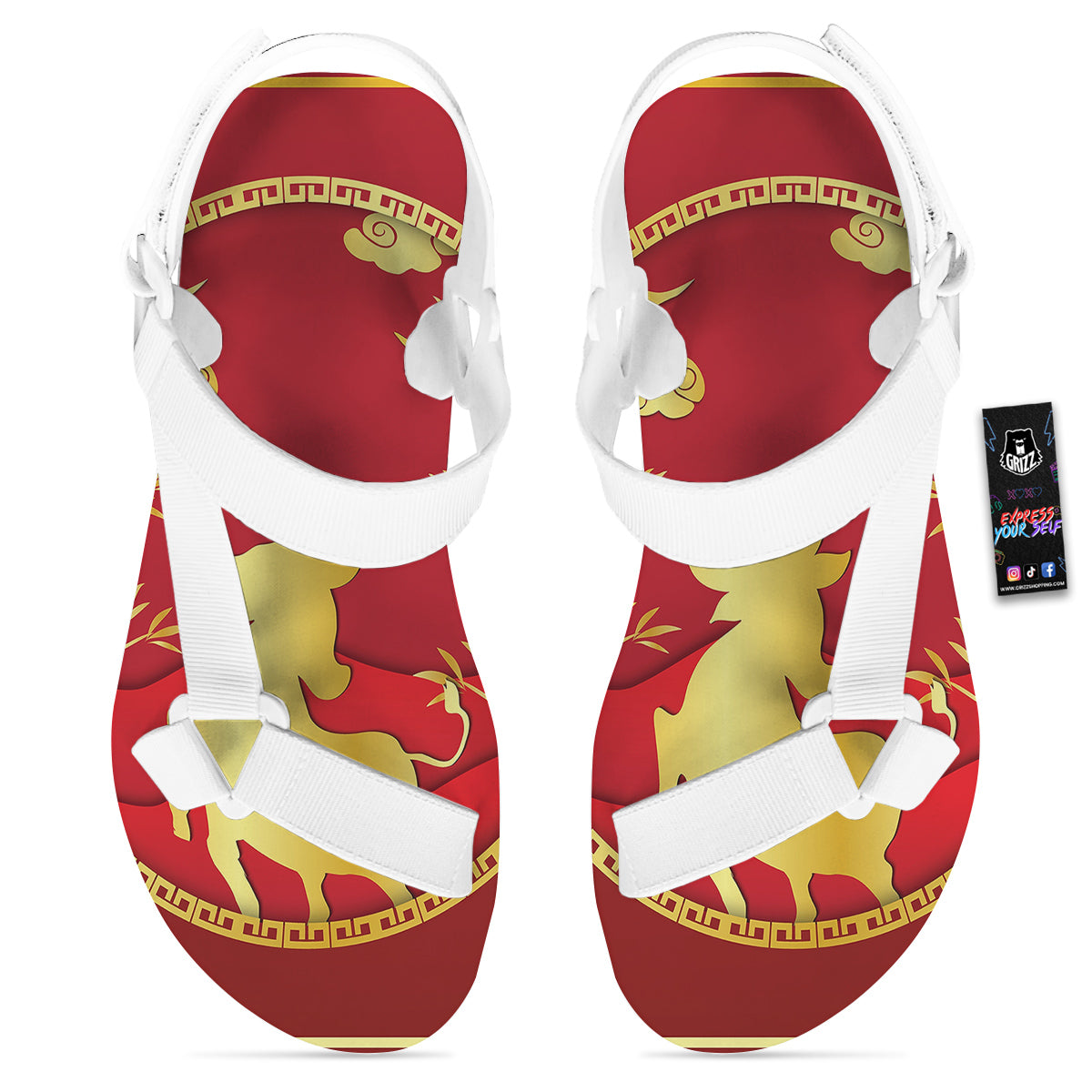 Zodiac Symbol Chinese Ox Print White Open Toe Sandals-grizzshop
