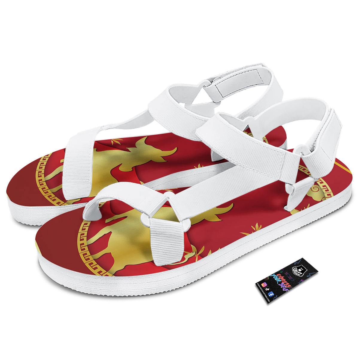 Zodiac Symbol Chinese Ox Print White Open Toe Sandals-grizzshop