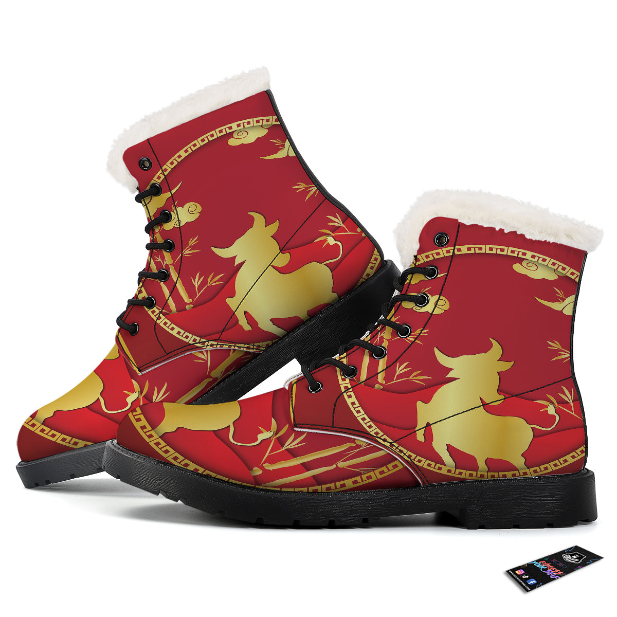 Zodiac Symbol Chinese Ox Print Winter Boots-grizzshop