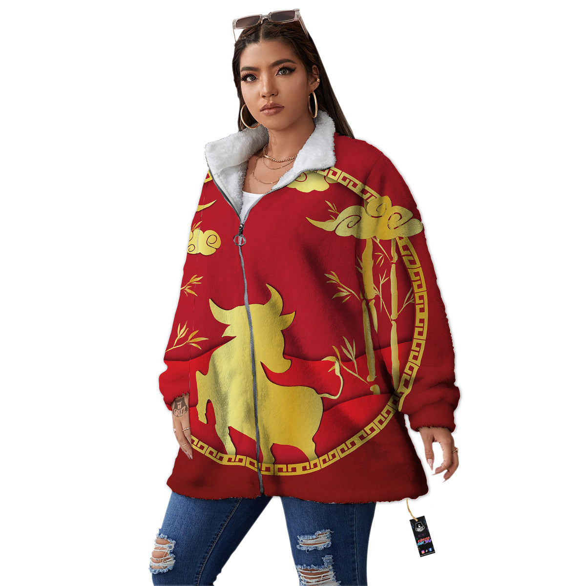 Zodiac Symbol Chinese Ox Print Women's Sherpa Jacket-grizzshop