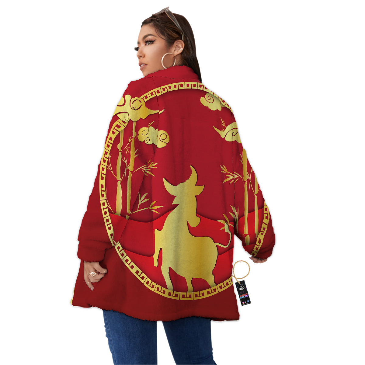 Zodiac Symbol Chinese Ox Print Women's Sherpa Jacket-grizzshop