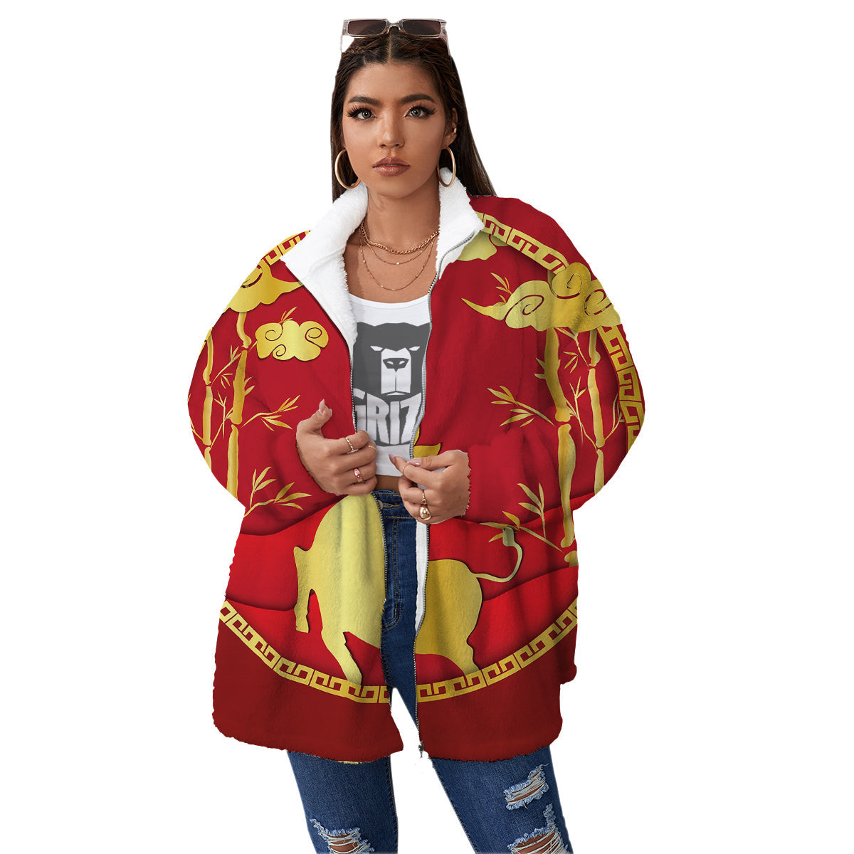 Zodiac Symbol Chinese Ox Print Women's Sherpa Jacket-grizzshop
