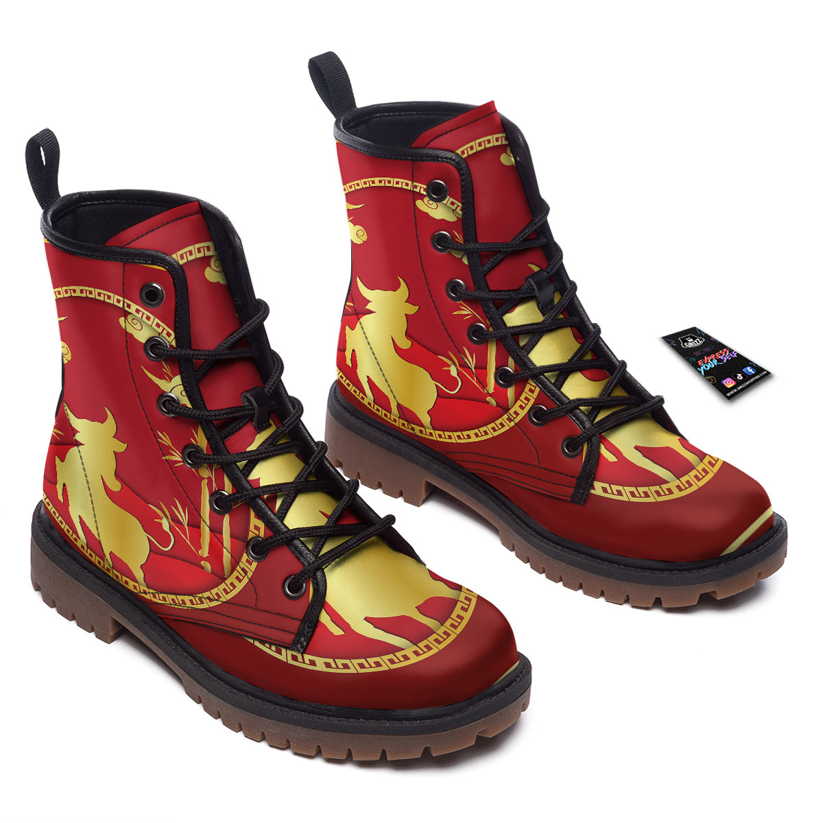 Zodiac Symbol Chinese Ox Print Work Boots-grizzshop
