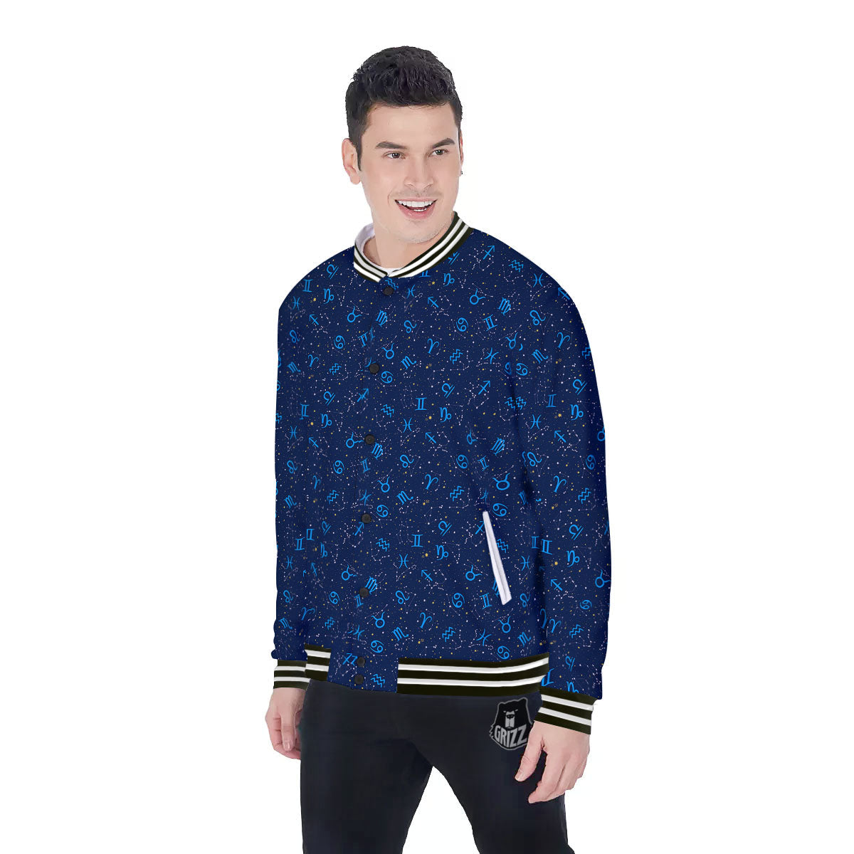Zodiac Symbols Blue Print Pattern Baseball Jacket-grizzshop