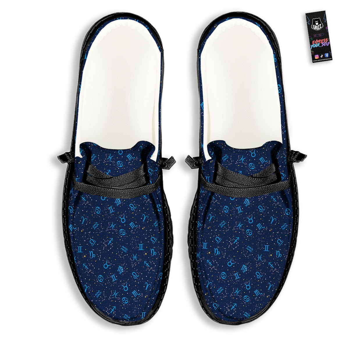 Zodiac Symbols Blue Print Pattern Black Loafers-grizzshop