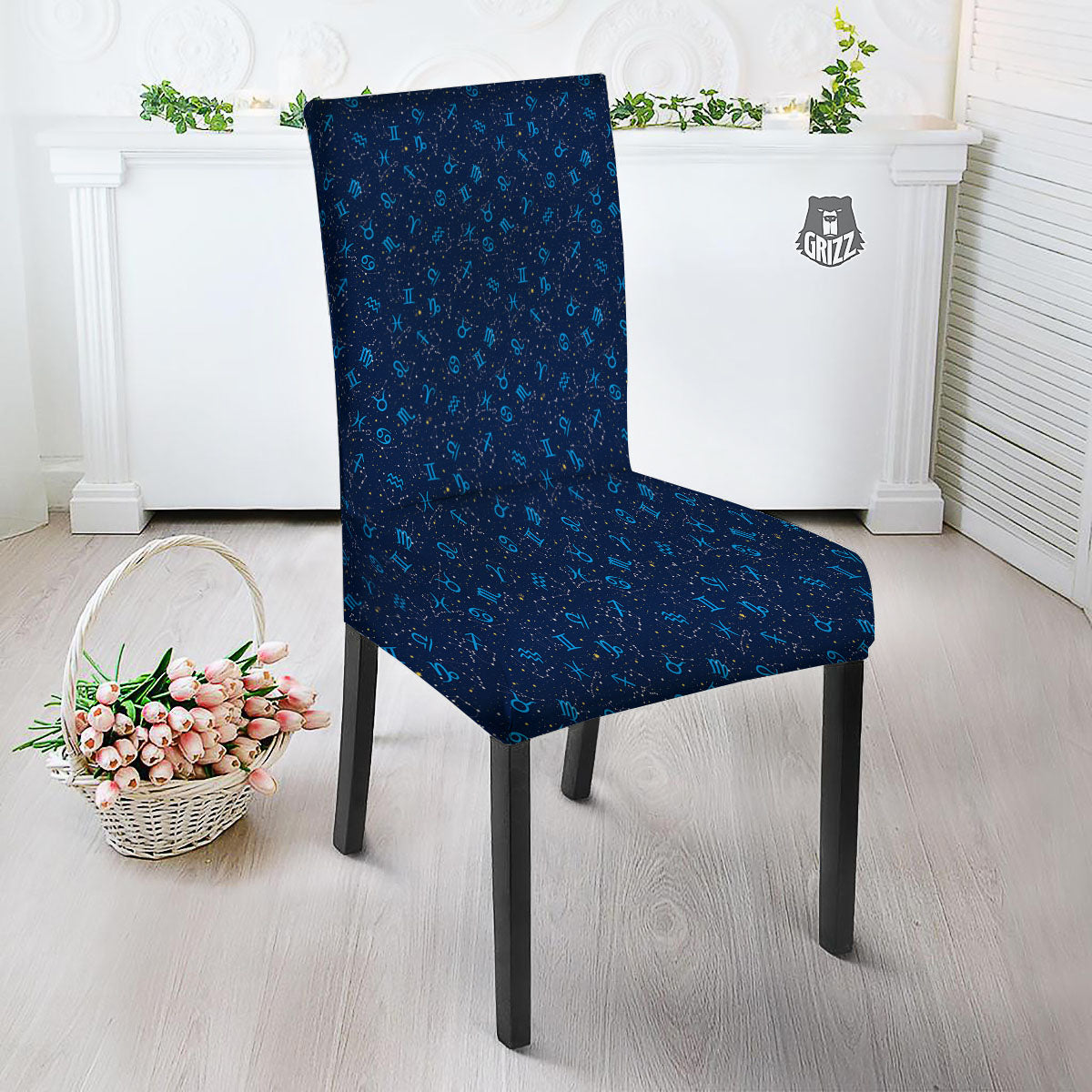 Zodiac Symbols Blue Print Pattern Dining Chair Slipcover-grizzshop