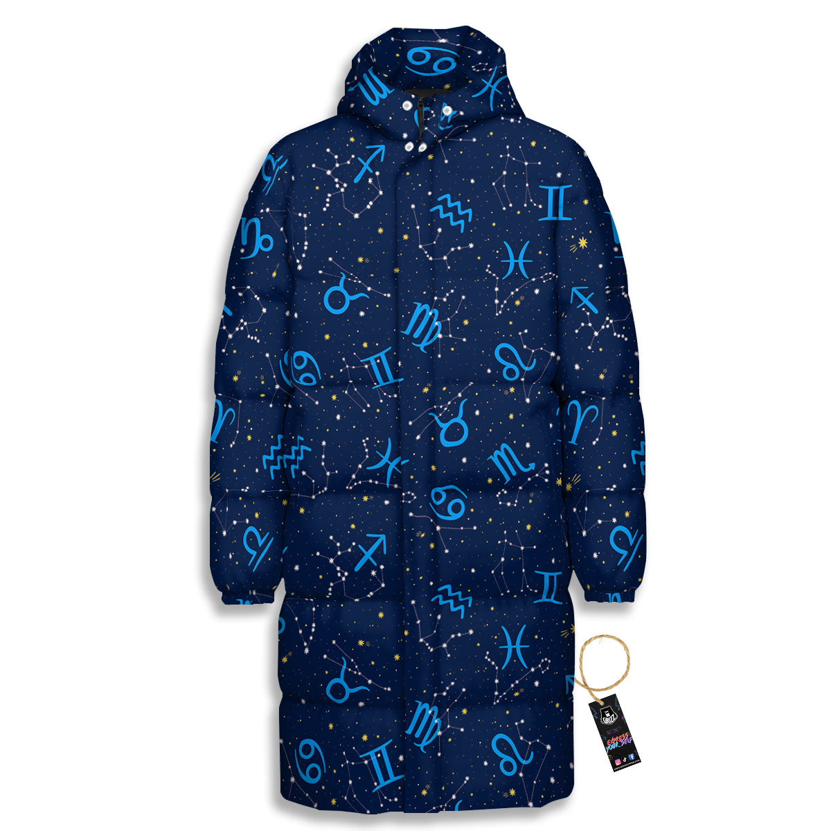 Zodiac Symbols Blue Print Pattern Long Down Jacket-grizzshop