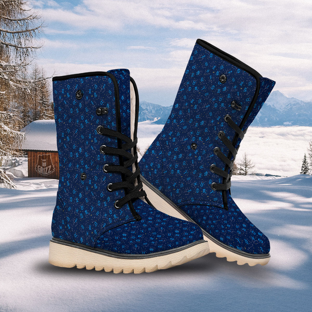 Zodiac Symbols Blue Print Pattern Snow Boots-grizzshop