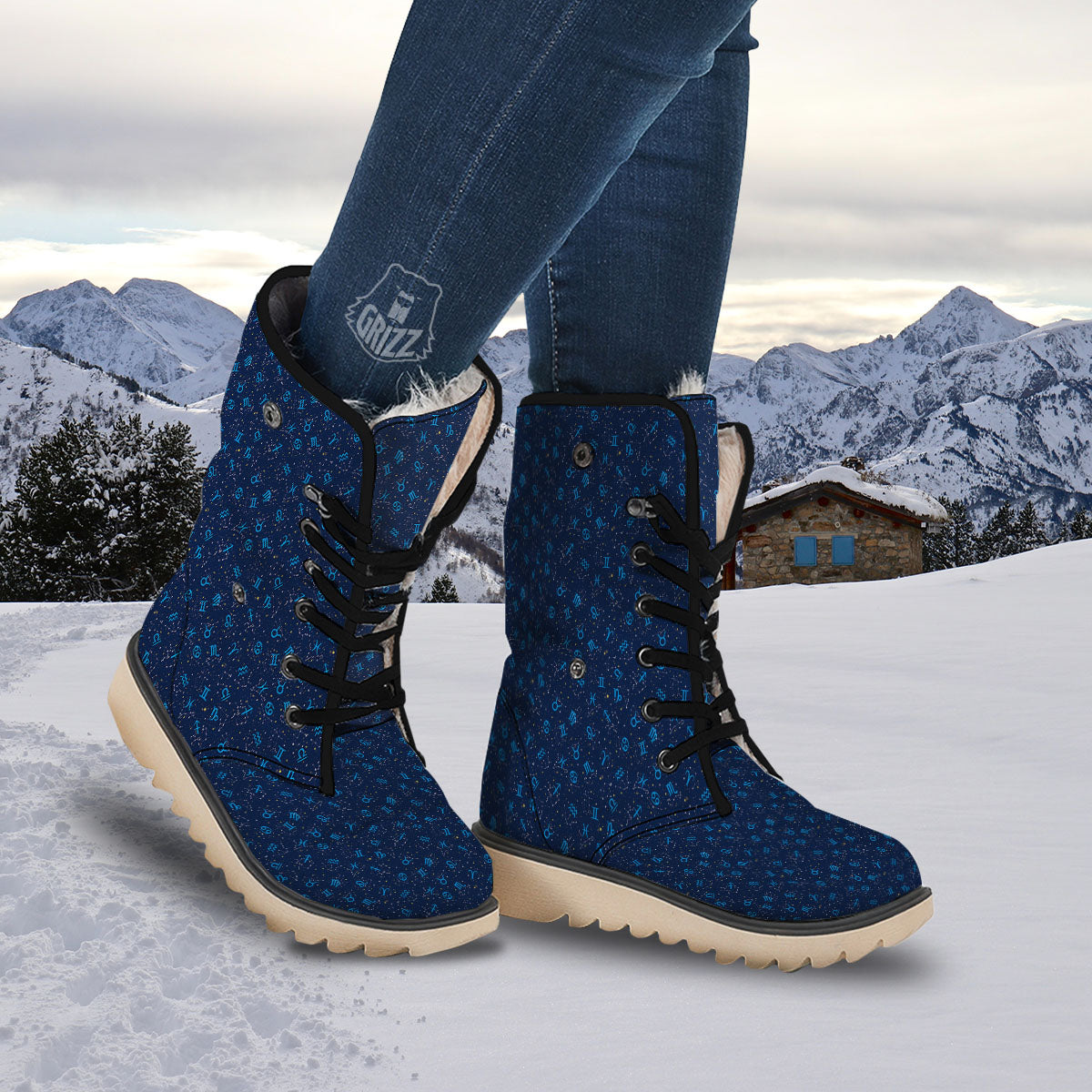 Zodiac Symbols Blue Print Pattern Snow Boots-grizzshop