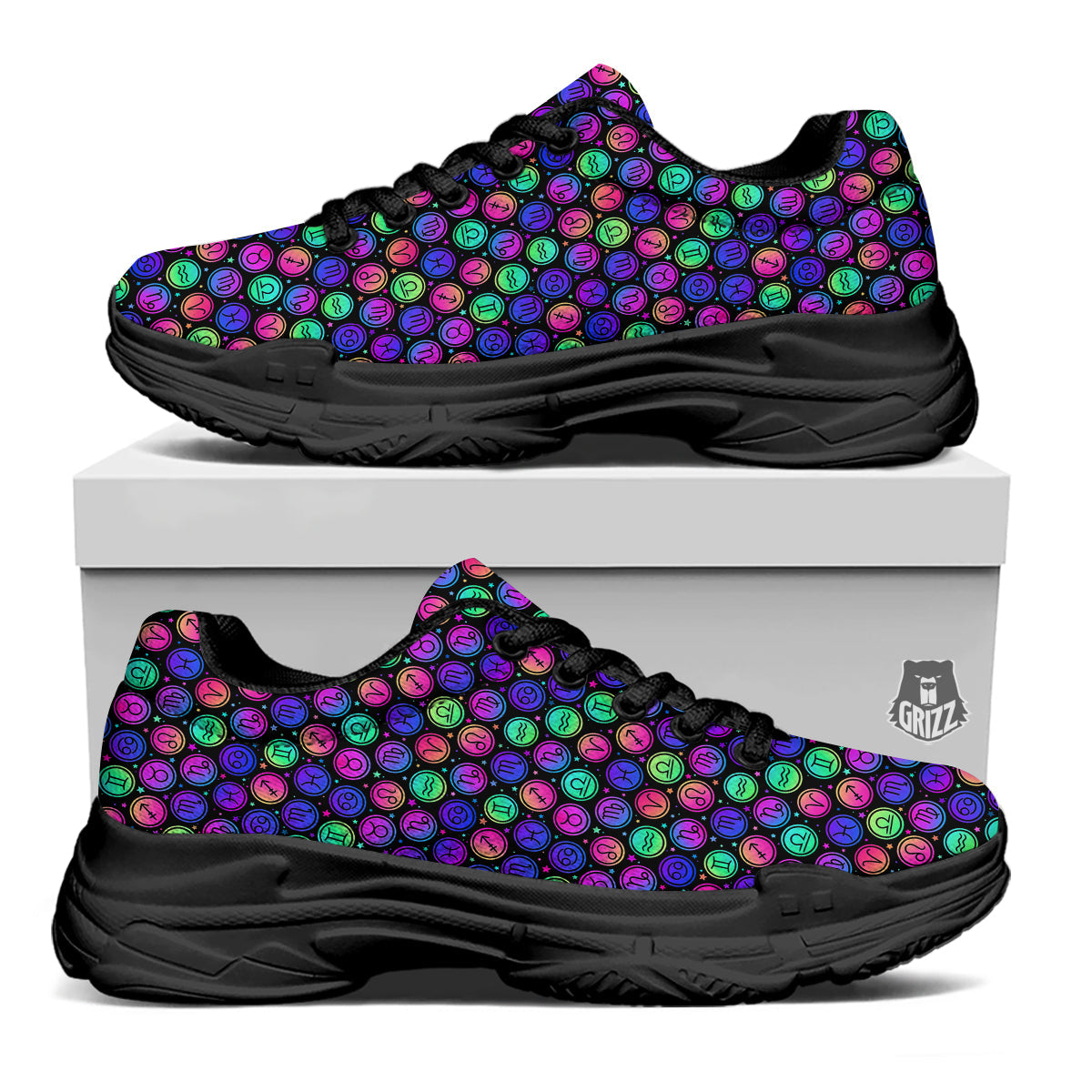 Zodiac Symbols Colorful Print Pattern Black Chunky Shoes-grizzshop