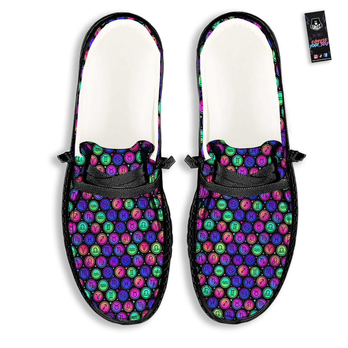 Zodiac Symbols Colorful Print Pattern Black Loafers-grizzshop