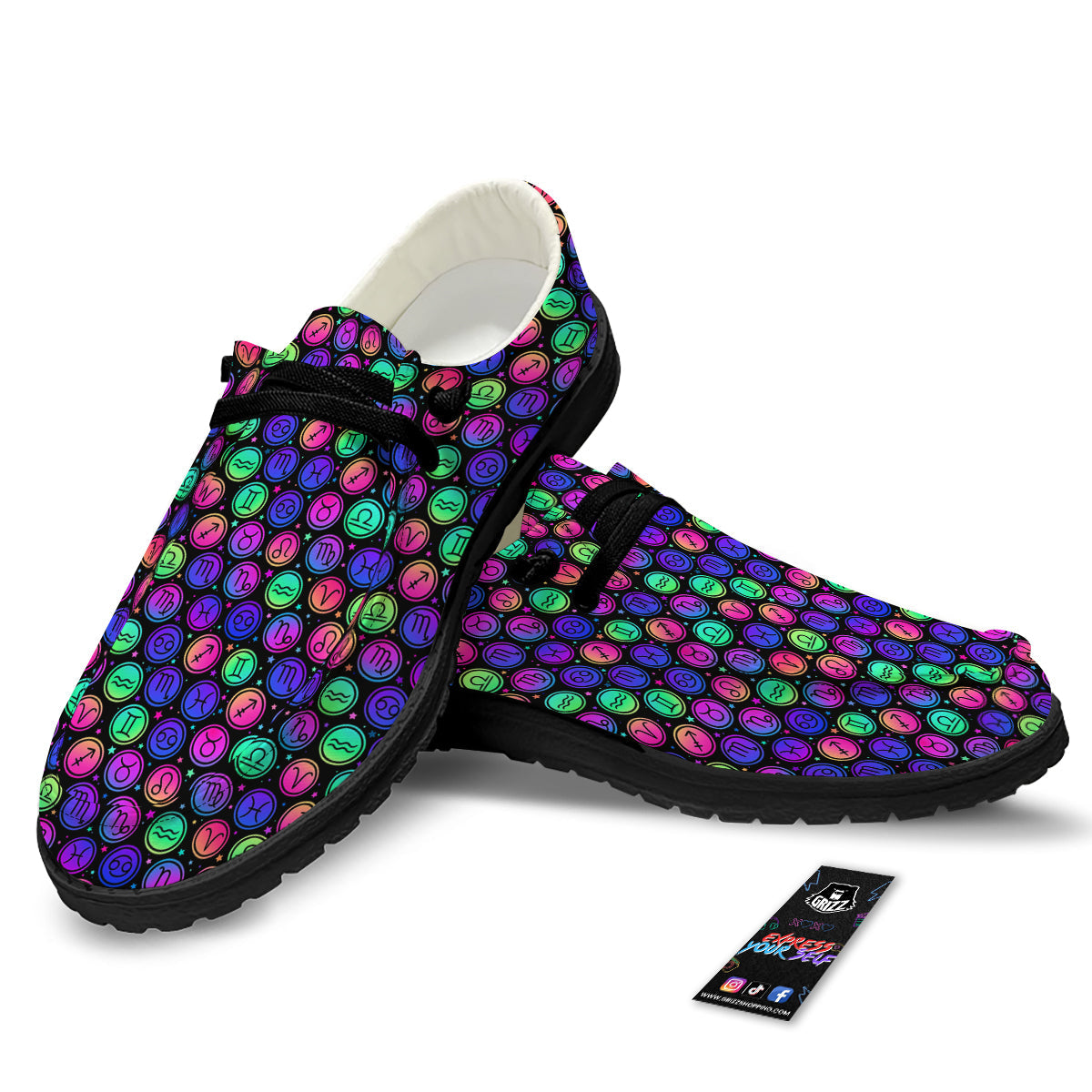 Zodiac Symbols Colorful Print Pattern Black Loafers-grizzshop