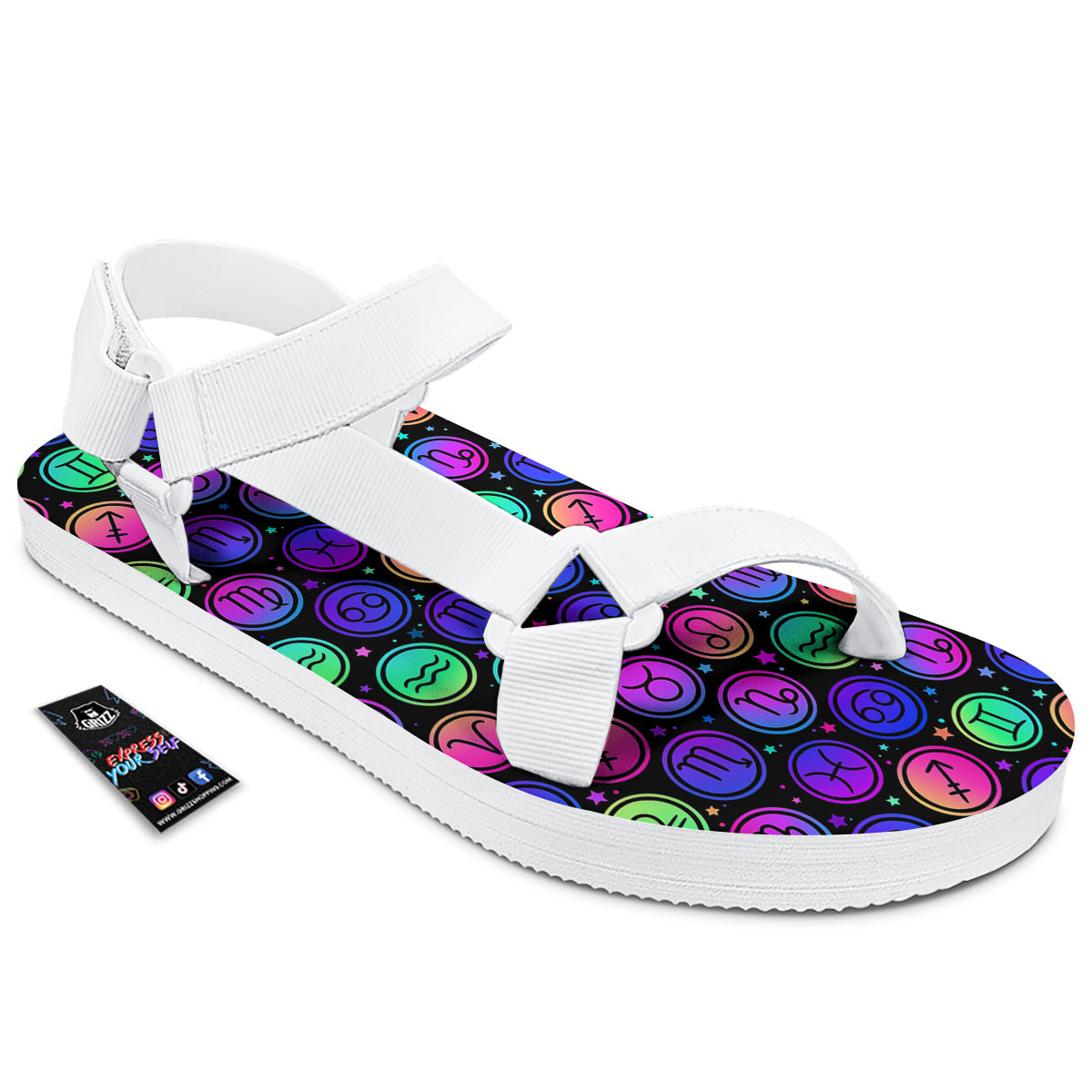 Zodiac Symbols Colorful Print Pattern White Open Toe Sandals-grizzshop