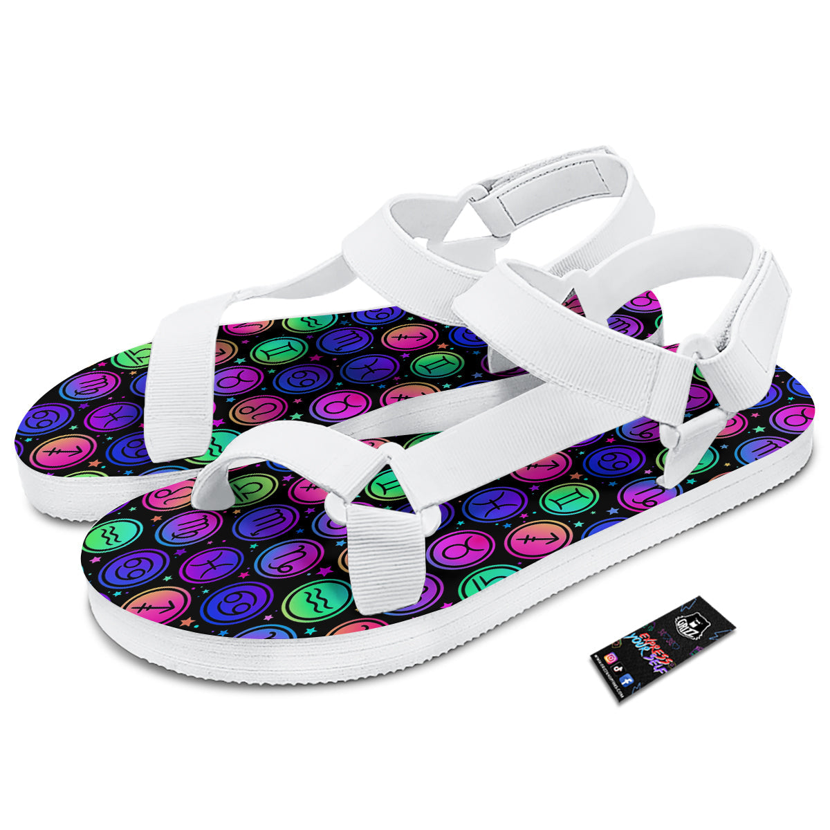 Zodiac Symbols Colorful Print Pattern White Open Toe Sandals-grizzshop