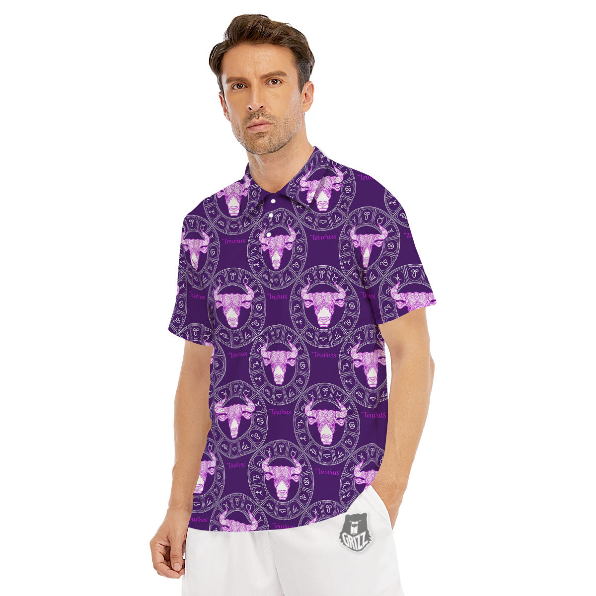 Zodiac Taurus Purple Print Pattern Men's Golf Shirts-grizzshop