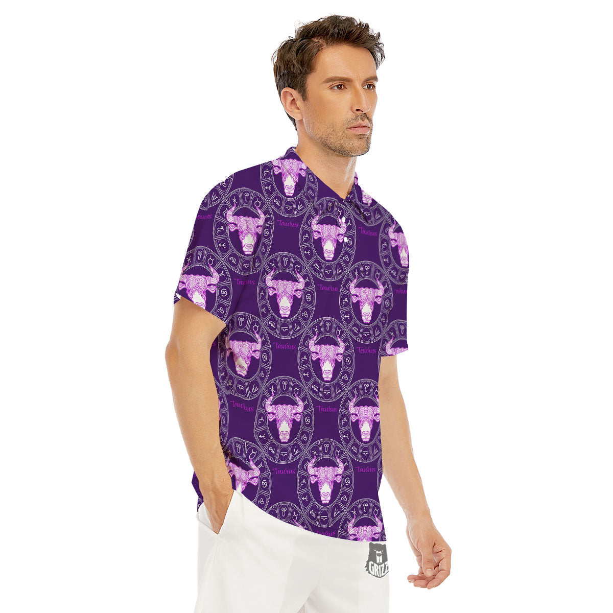 Zodiac Taurus Purple Print Pattern Men's Golf Shirts-grizzshop