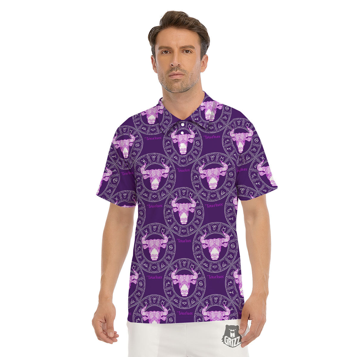 Zodiac Taurus Purple Print Pattern Men's Golf Shirts-grizzshop