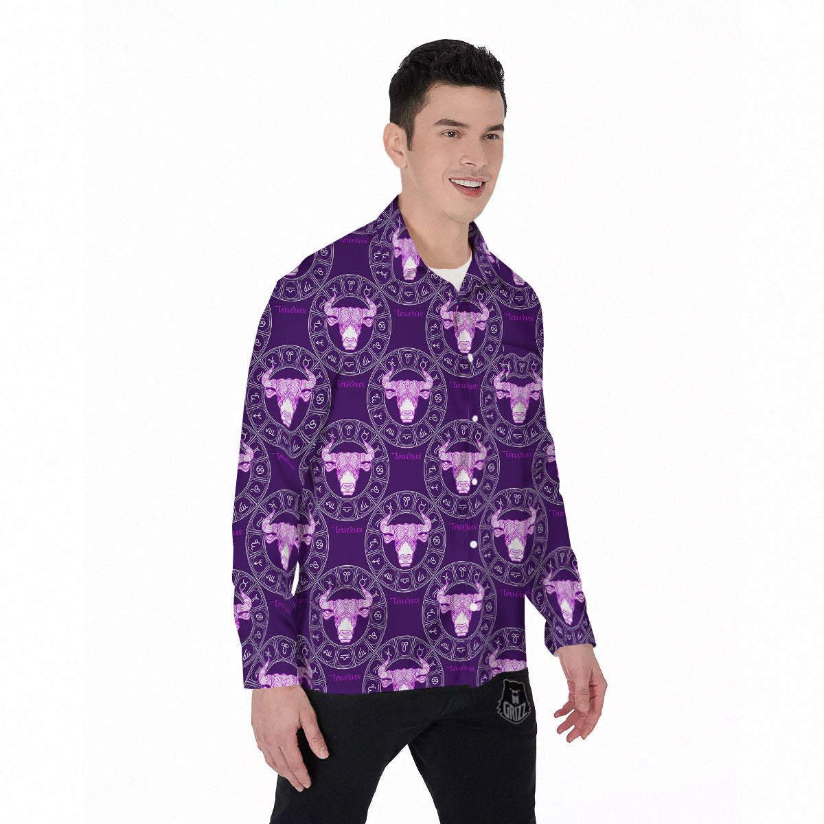 Zodiac Taurus Purple Print Pattern Men's Long Sleeve Shirts-grizzshop