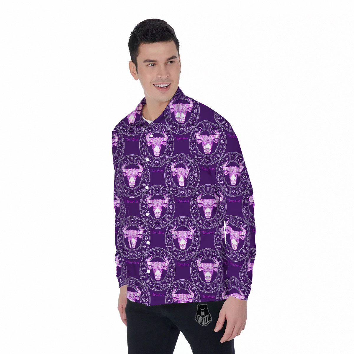 Zodiac Taurus Purple Print Pattern Men's Long Sleeve Shirts-grizzshop