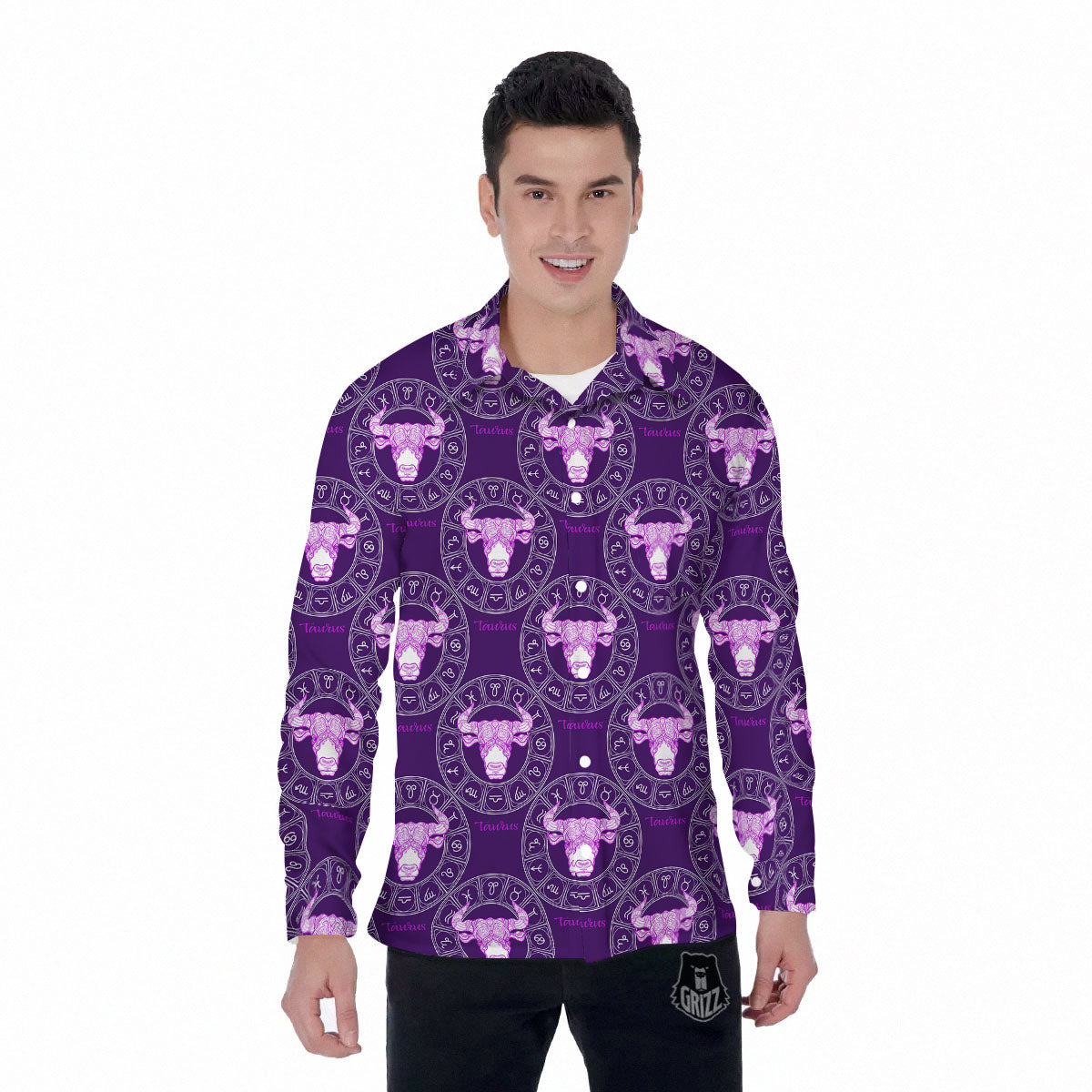 Zodiac Taurus Purple Print Pattern Men's Long Sleeve Shirts-grizzshop