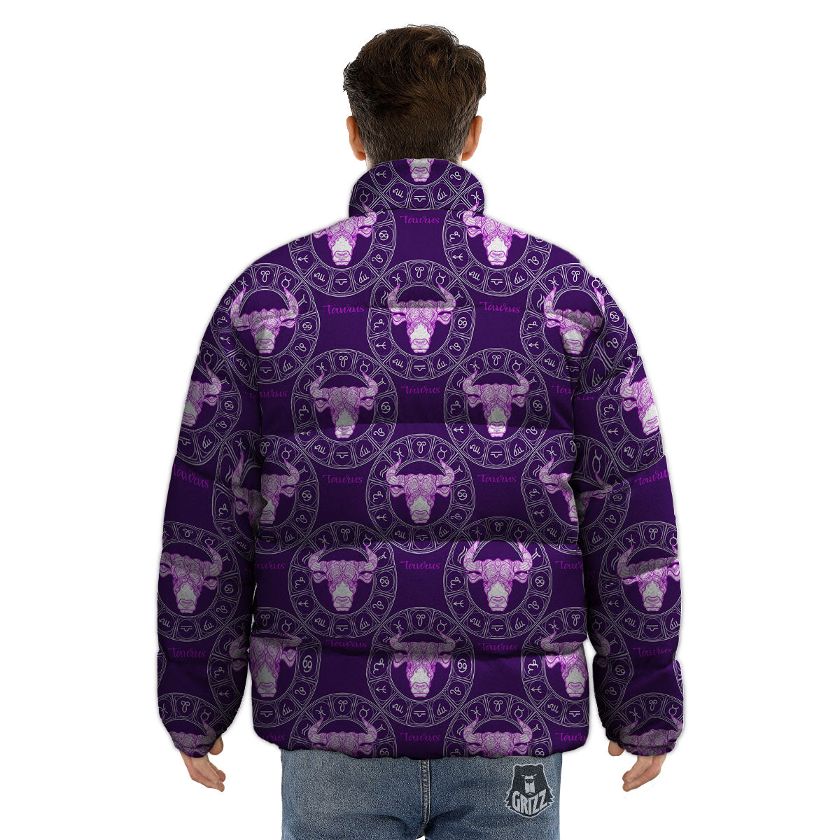 Zodiac Taurus Purple Print Pattern Puffer Jacket-grizzshop