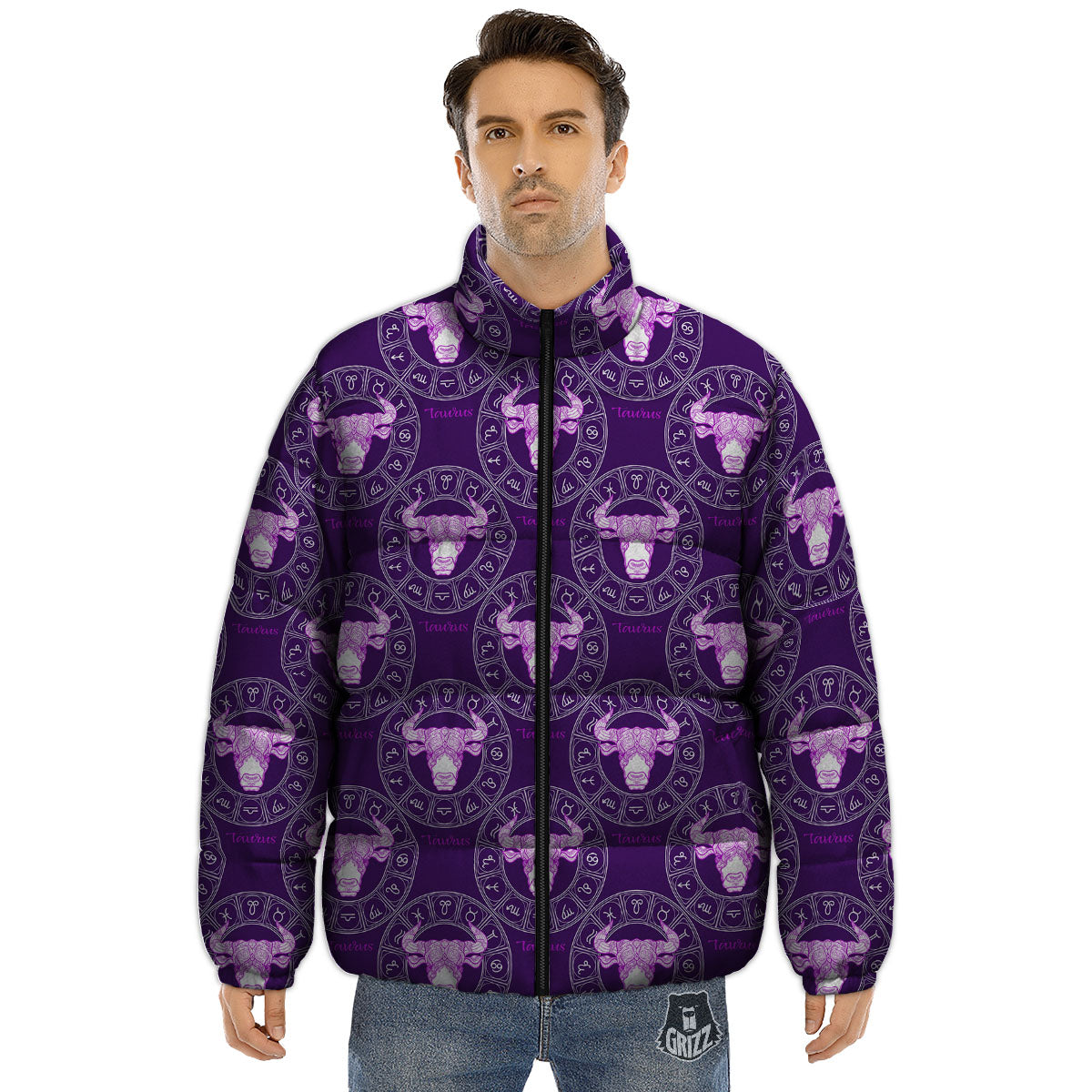 Zodiac Taurus Purple Print Pattern Puffer Jacket-grizzshop
