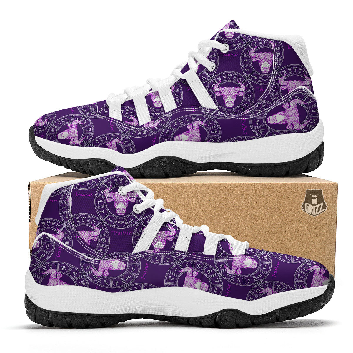 Zodiac Taurus Purple Print Pattern White Bball Shoes-grizzshop