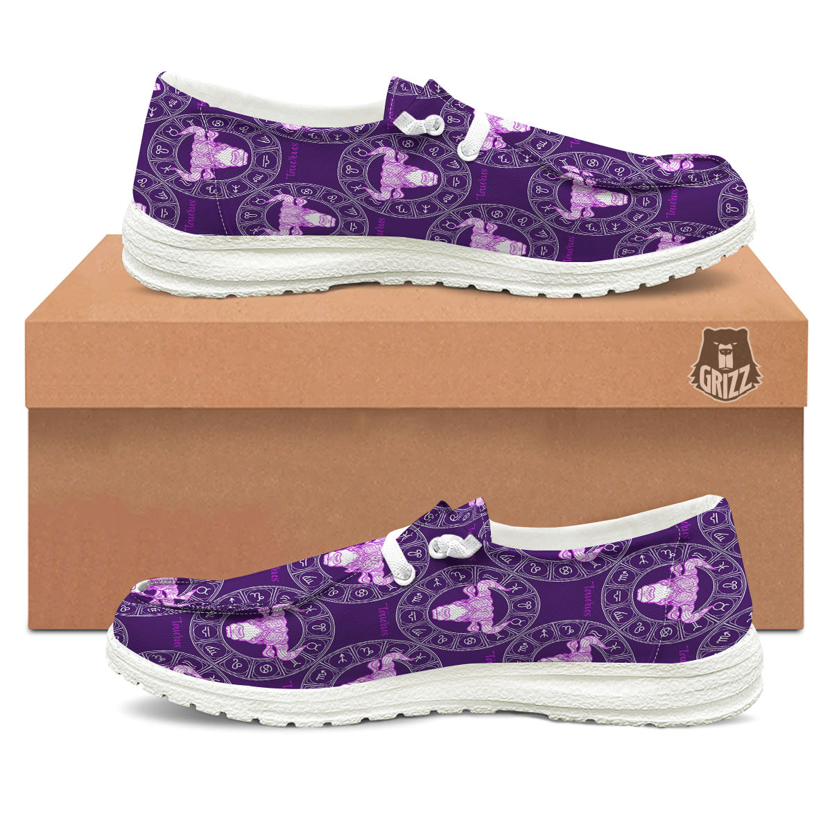 Zodiac Taurus Purple Print Pattern White Loafers-grizzshop