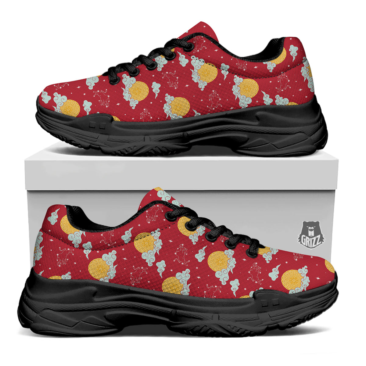 Zodiac Taurus Sky Chinese Year Print Pattern Black Chunky Shoes-grizzshop