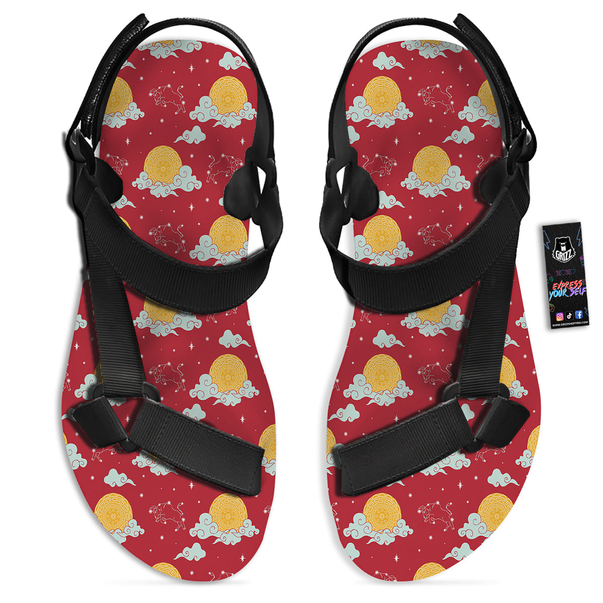 Zodiac Taurus Sky Chinese Year Print Pattern Black Open Toe Sandals-grizzshop