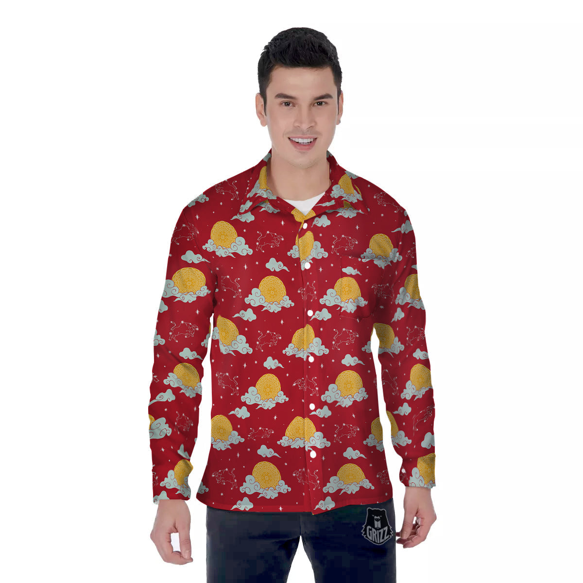 Zodiac Taurus Sky Chinese Year Print Pattern Men's Long Sleeve Shirts-grizzshop