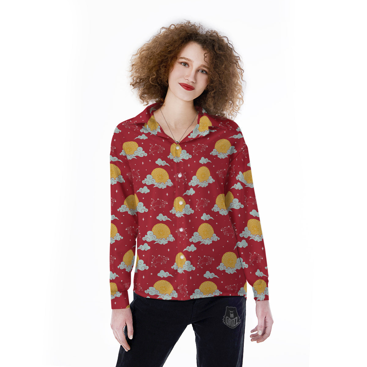 Zodiac Taurus Sky Chinese Year Print Pattern Women's Long Sleeve Shirts-grizzshop