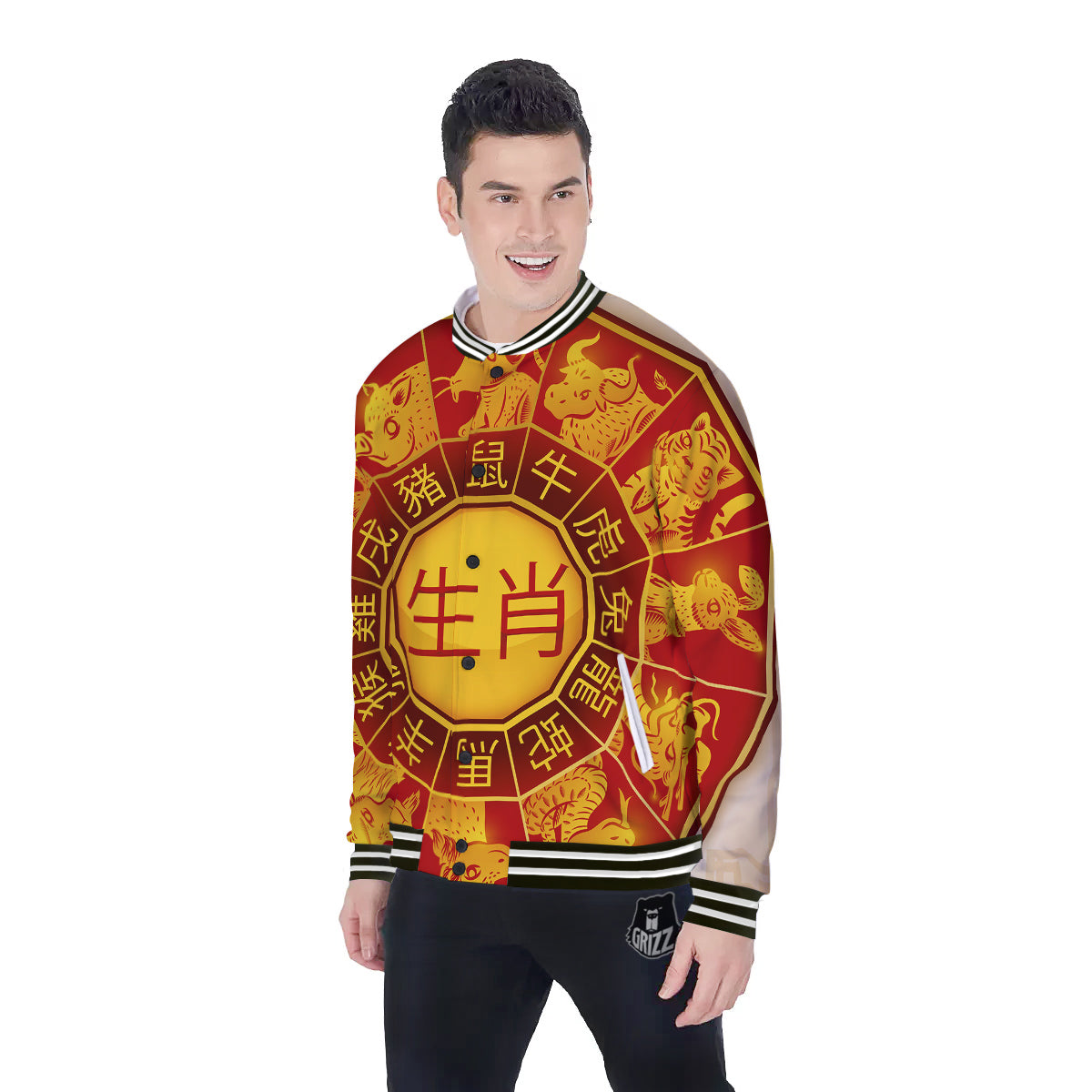 Zodiac Wheel Colourful Chinese Print Baseball Jacket-grizzshop