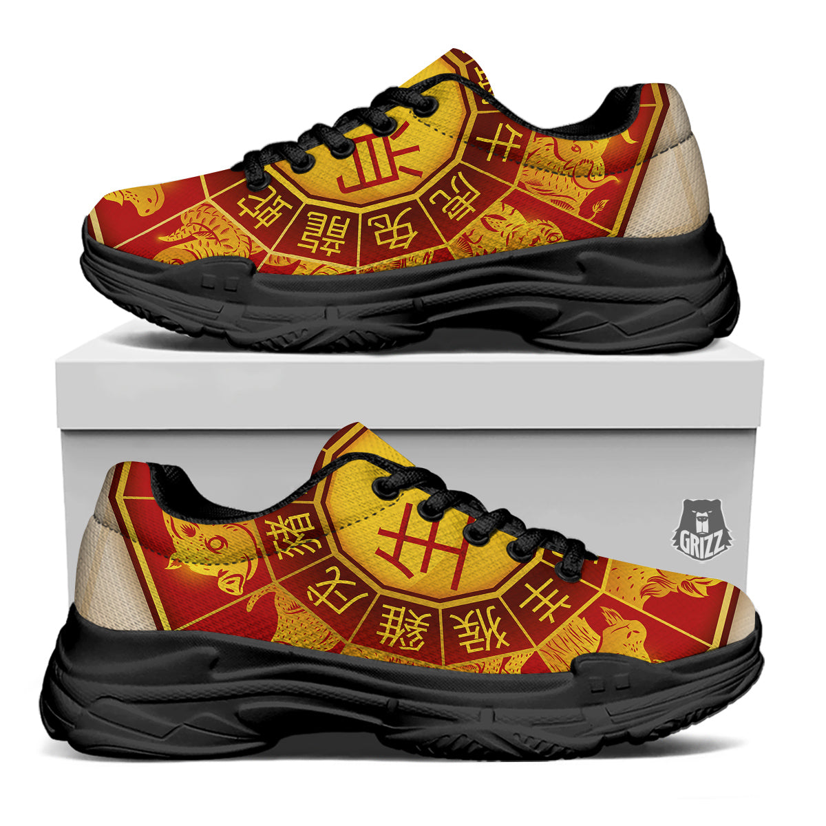 Zodiac Wheel Colourful Chinese Print Black Chunky Shoes-grizzshop