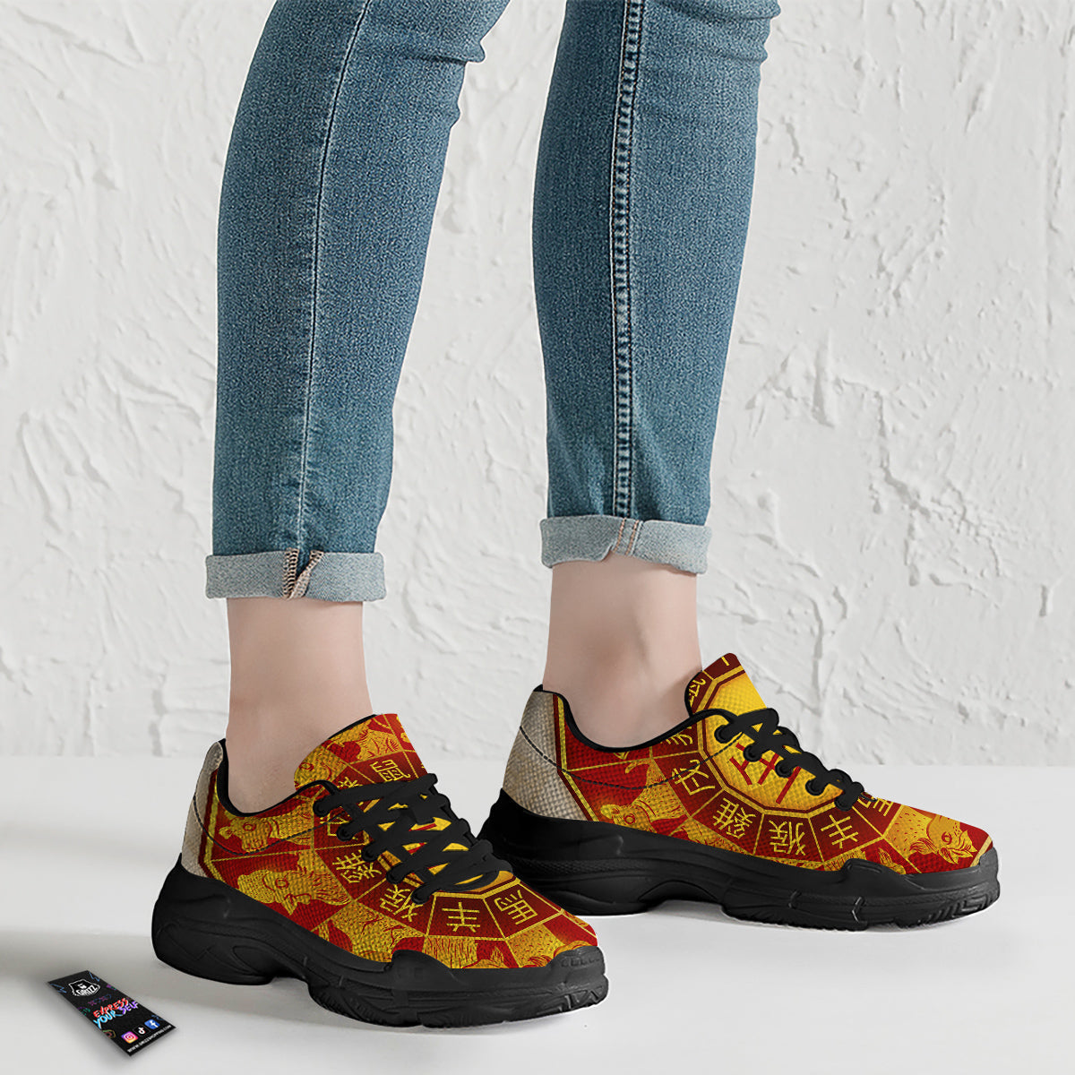 Zodiac Wheel Colourful Chinese Print Black Chunky Shoes-grizzshop