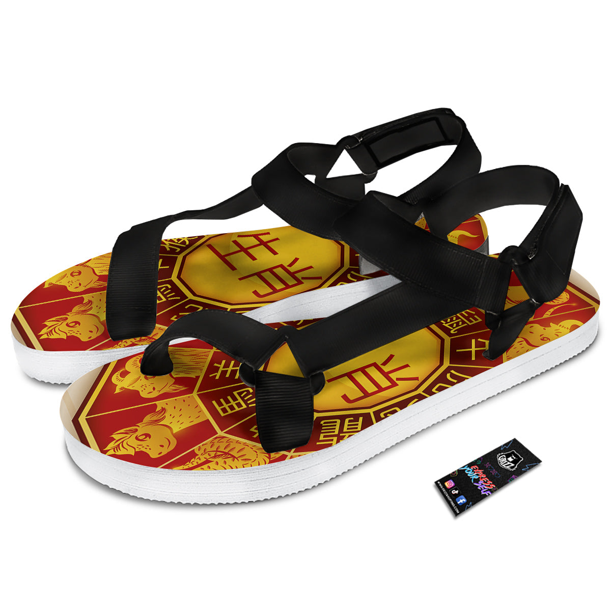 Zodiac Wheel Colourful Chinese Print Black Open Toe Sandals-grizzshop