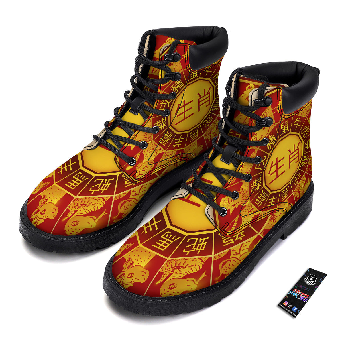 Zodiac Wheel Colourful Chinese Print Boots-grizzshop