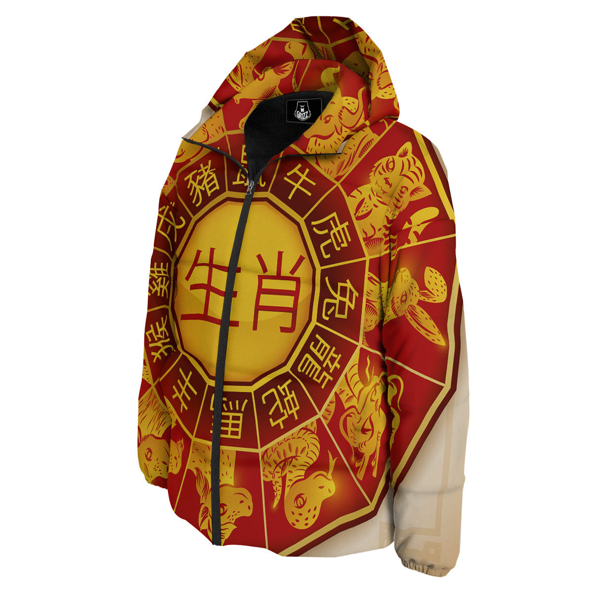 Zodiac Wheel Colourful Chinese Print Down Jacket-grizzshop