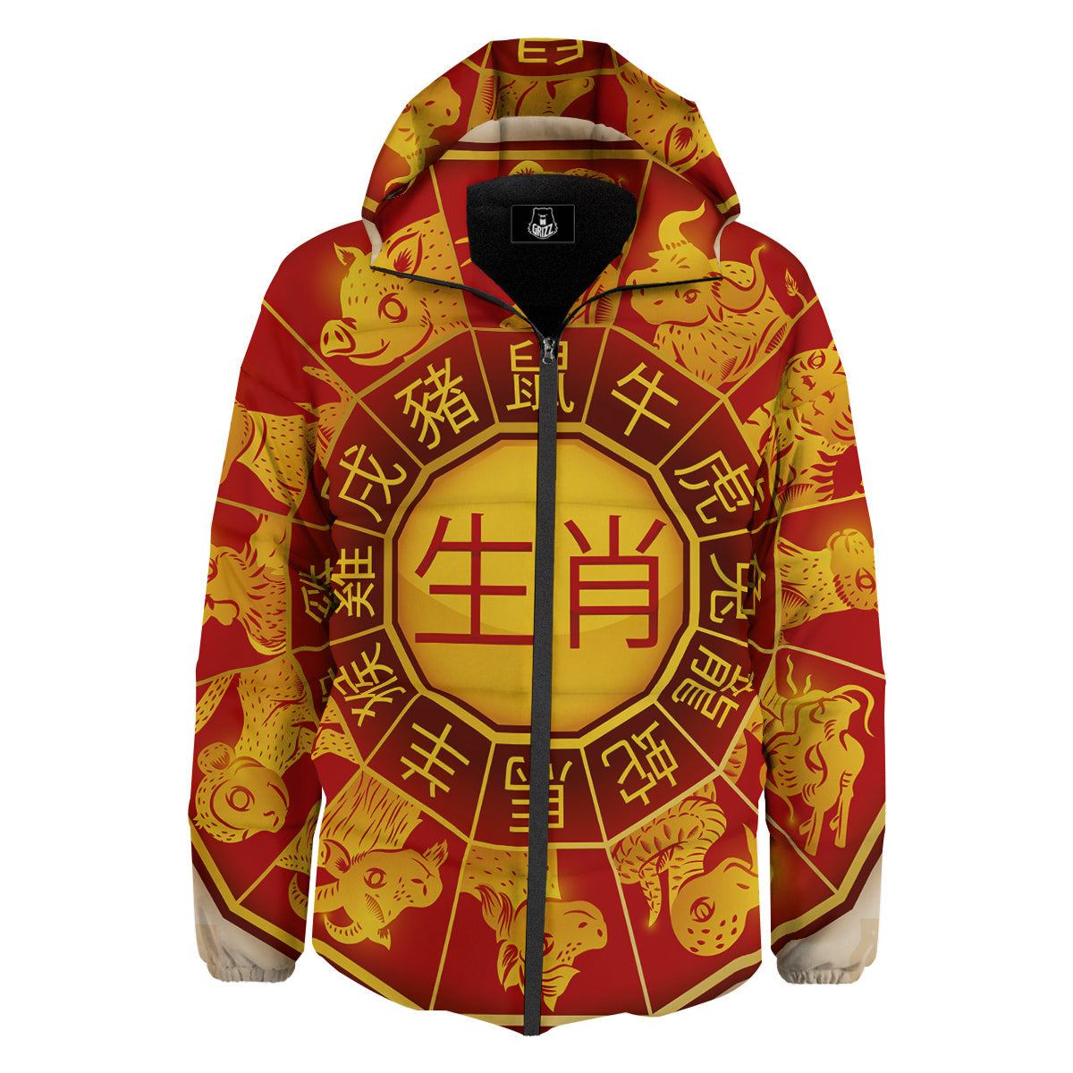 Zodiac Wheel Colourful Chinese Print Down Jacket-grizzshop