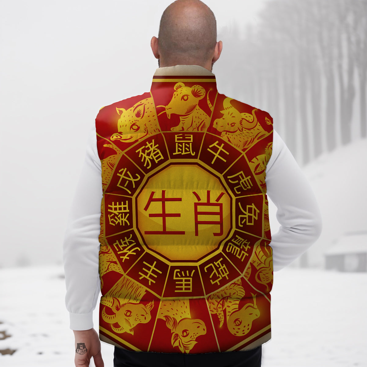 Zodiac Wheel Colourful Chinese Print Down Vest